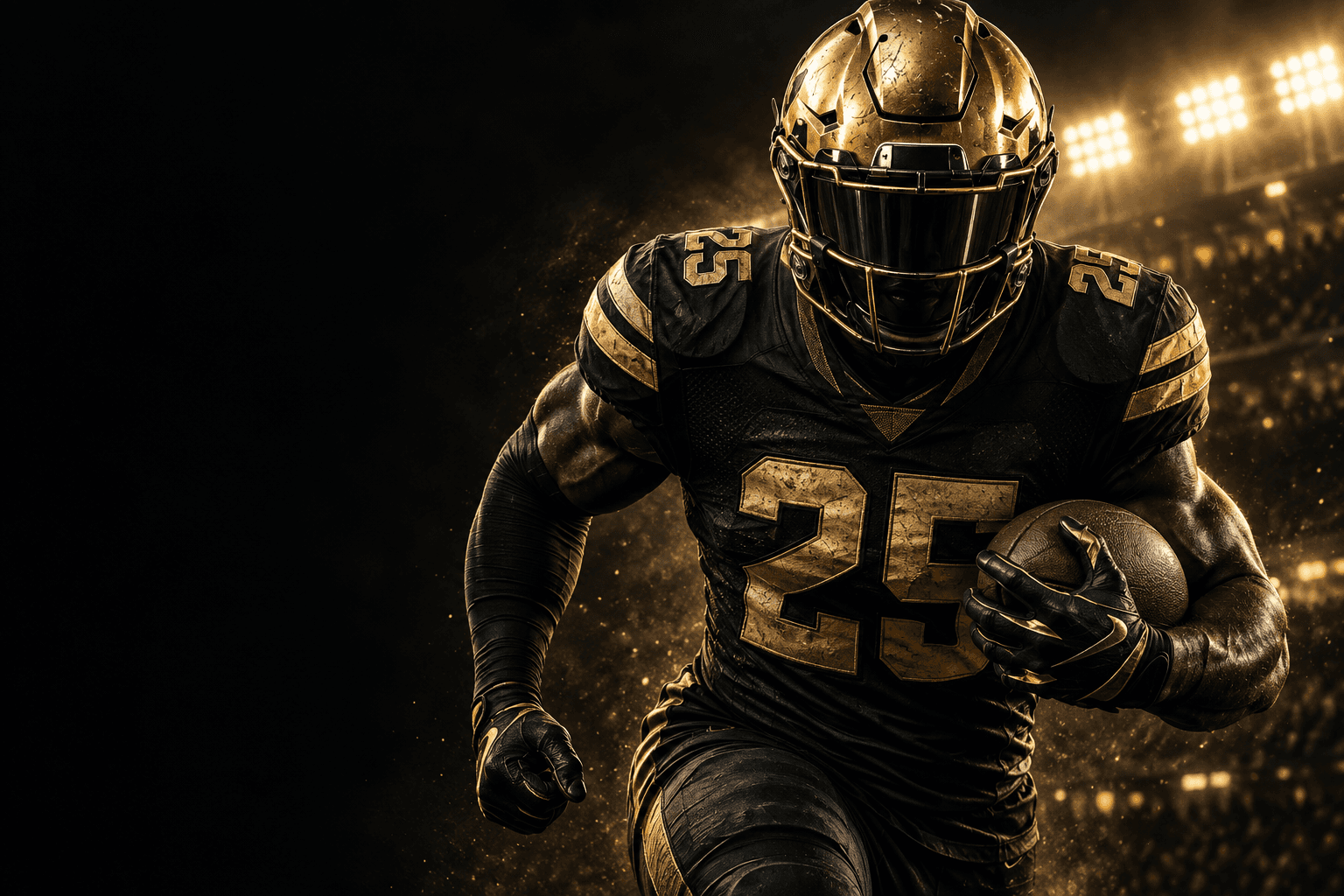 Football player in a gold helmet and black uniform carrying a football under stadium lights